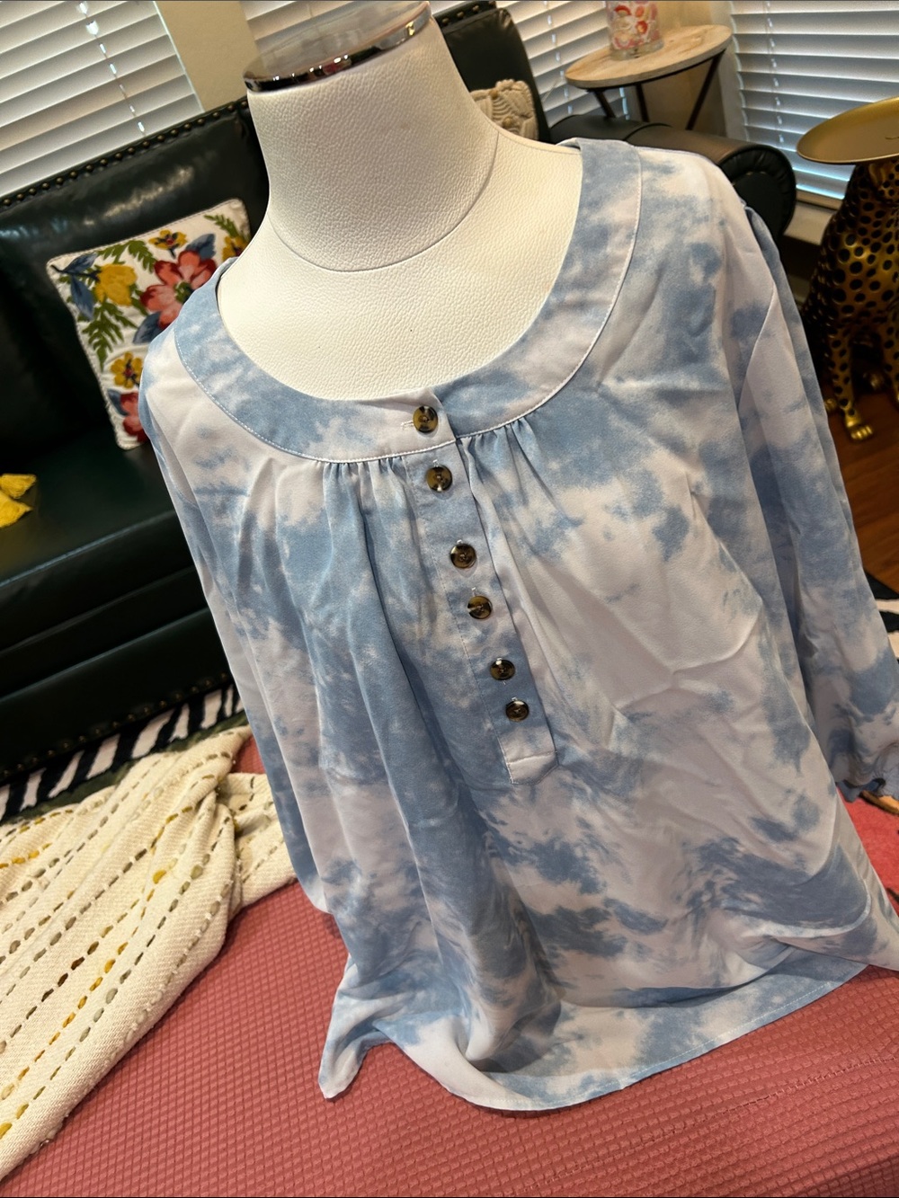 new directions Blue and White Tie-Dye Button Front Women's Top